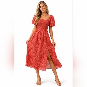 Roolee Red Floral Smocked Midi Dress Puff Sleeve Cottagecore Small